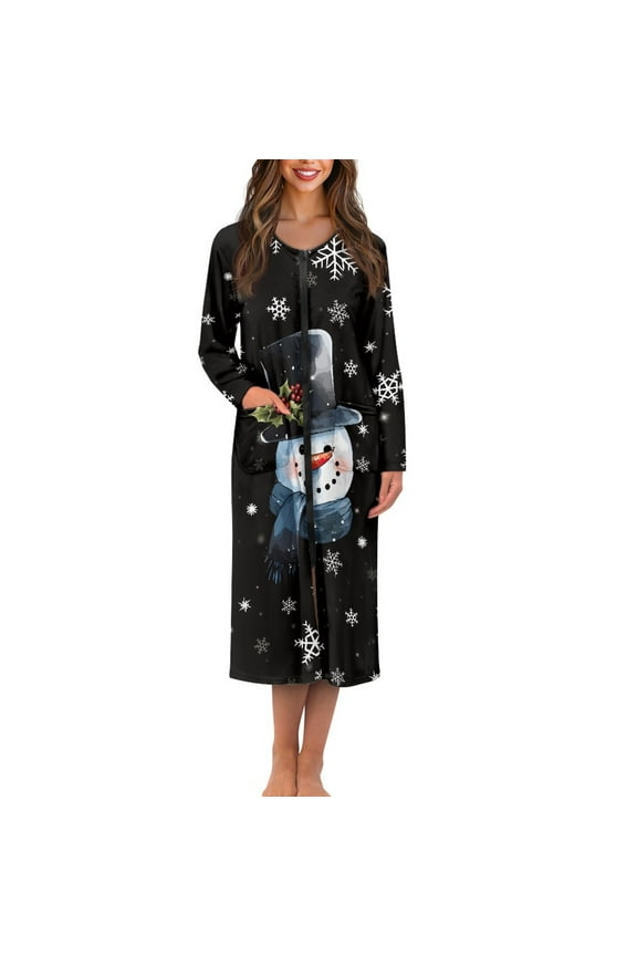 Snowman Long Sleeve Bathrobe for Women Snowflake O Neck Robes Christmas Long Zippered Bath Robe Lightweight Sleepwear Pajamas Ladies Dressing Gown Size L