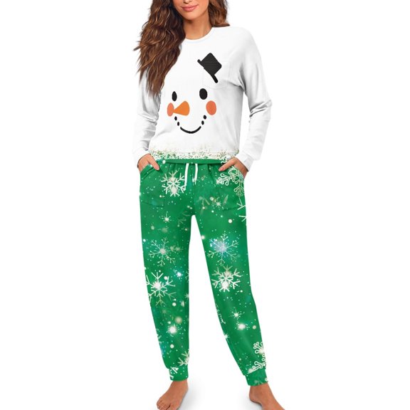 Yuyamidu Snowman Long Sleeve Pajama for Women Size L Snowflake Scoop Neck Sleepwear Top and Green Pants Christmas Pajamas 2 PCS Skin Friendly Jogger Set with Pockets