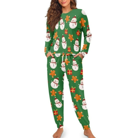 Yuyamidu Snowman Long Sleeve Pajamas for Women Set Christmas Sleepwear Athletic Clothing Casual O Neck Loungewear 2 Pieces Gingerbread Man Pjs Soft Nightwear Size M, Green