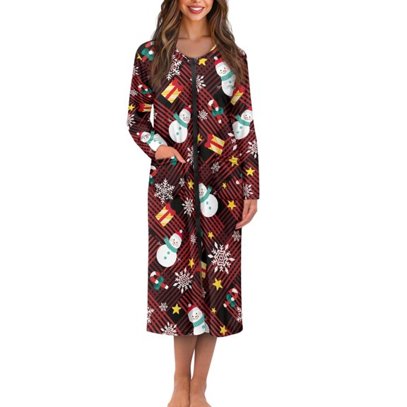 Yuyamidu Snowman Long Sleeve Robe for Women After Shower Snowflake Crewneck Bathrobe Nightgown Christmas Long Dressing Gown Casual Zipper Front Robes Lounge Wear Size 4XL