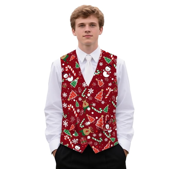 Yuyamidu Snowman Men's Suit Vests Christmas Casual Formal Dress Vest Size 4XL Xmas Tree Business Slim Fit Waistcoat Vest with 3 Real Pockets for Suits Tuxedo, Red