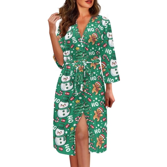 Yuyamidu Snowman Robe Christmas Long Gowns for Women Sleepwear Ladies Kimono Dress Gingerbread Man Long Sleeve Bathrobe Green Nightgown Sleepwear Size XL