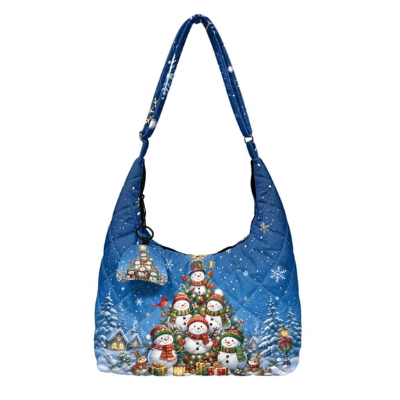 Yuyamidu Snowman Tree Quilted Puffer Hobo Bag for Women Lightweight Shoulder Bag with Matching Pendant, Roomy 10.6-inch Laptop-friendly Interior, Blue Christmas