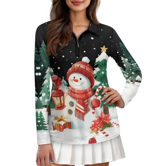 Yuyamidu Snowman Women V Neck Golf Shirts Xmas Tree Long Sleeve Zip Up Golf Tops Christmas Sports Pullover Workout Shirts Activewear Size S
