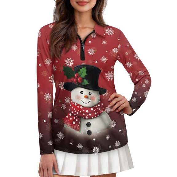 Yuyamidu Snowman Women's Golf Shirts Red Christmas 1/4 Zip Long Sleeve Collared Tennis Golf Shirts Athletic Shirts Tennis Top Size M