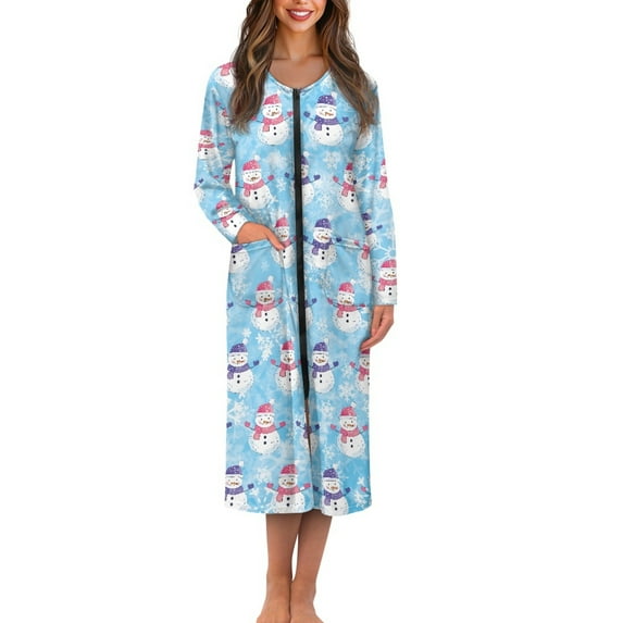 Yuyamidu Snowman Zipper Front Robes for Women Long Sleeve Bathrobe Blue Long House Coats Snowflake Crewneck Pajama Sleepwear Size 4XL Christmas Robe Dress with Pockets, Blue