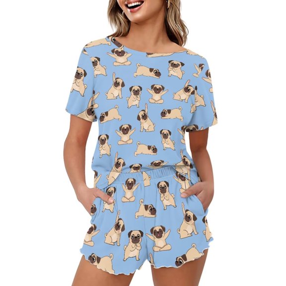 Yuyamidu Soft Pajama Set for Women Cartoon Pug Pattern Loungewear Crew Neck Tee & Relaxed Fit Shorts, Cozy Loungewear (Blue)