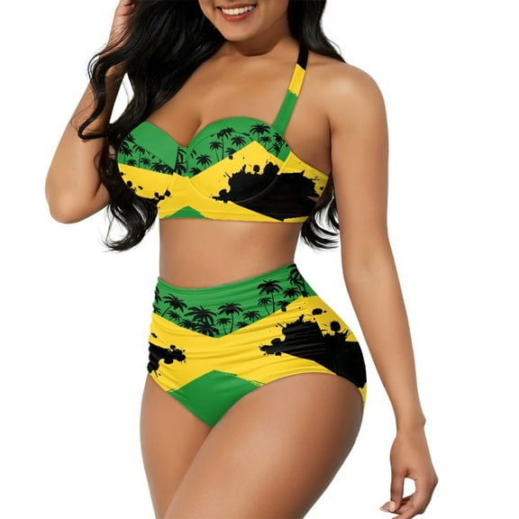 Yuyamidu Softness Swimsuit Women Size S Jamaican Flag Coconut Tree High Waist Bikini Set Push Up Tie Side Tankini, 2 PCS Quick Dry High Neck Halter Top and Bottom Set