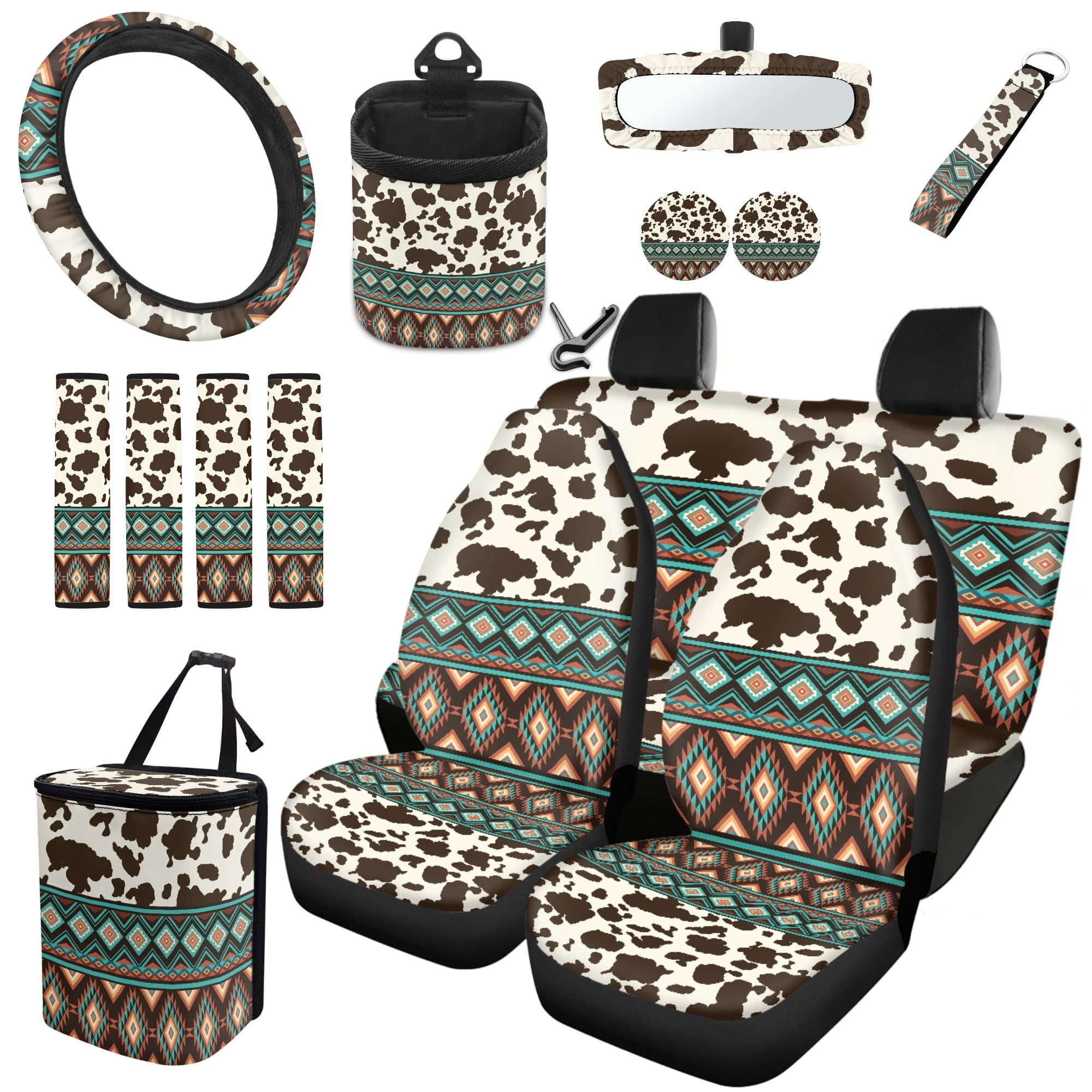 Yuyamidu Southwest Aztec Car Seat Cover Set 15 PCS Brown Cow Print Auto Steering Wheel Cover Seat Belt Strap Pads Cup Coasters Trash Bag Air Vent Storage Bag Rearview Mirror Cover Keychain