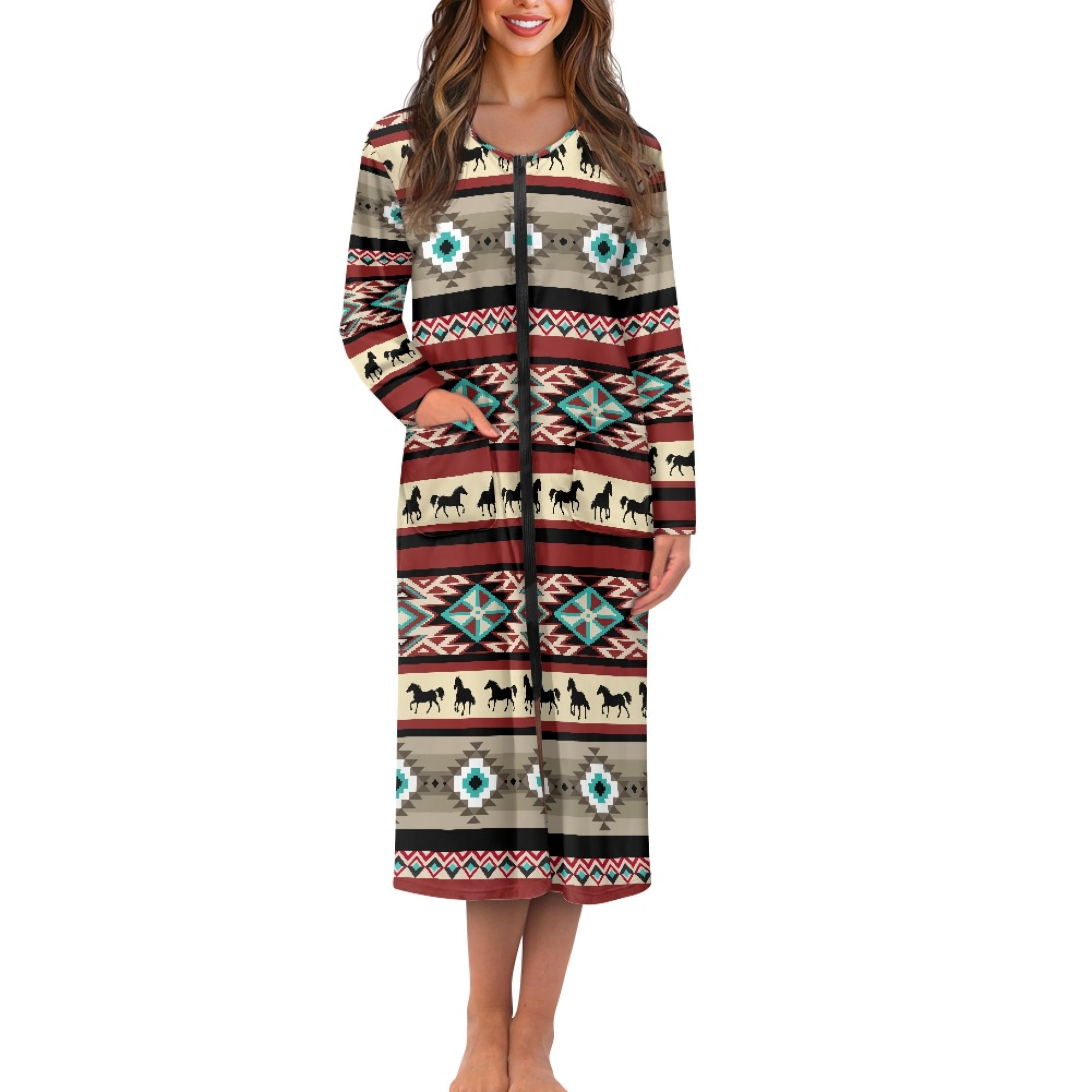 Yuyamidu Southwest Aztec Horse Bathrobe for Women Towel Robe with Front ...