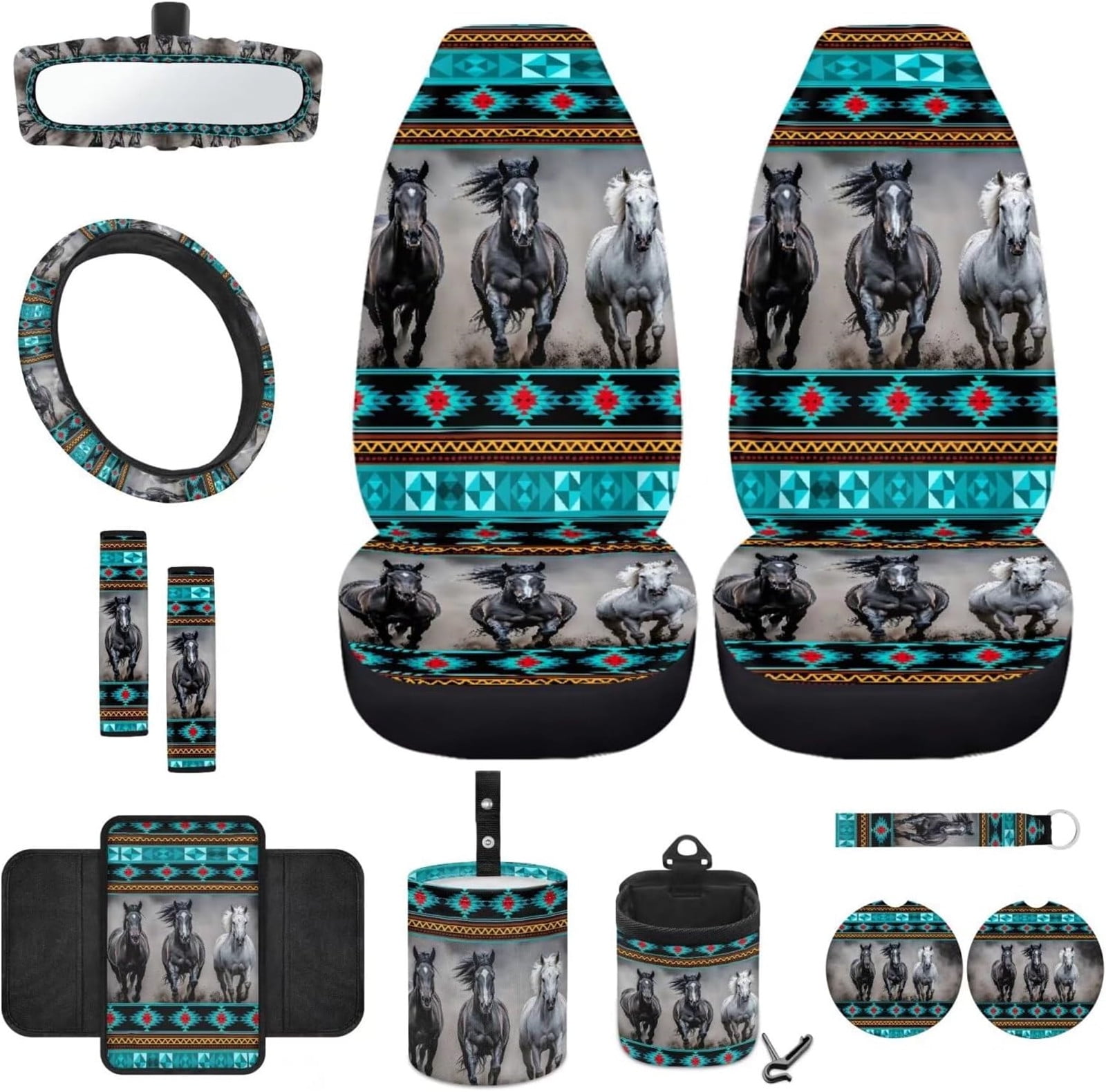Yuyamidu Southwest Aztec Horse Car Front Seats Covers Set of 12 Blue Steering Wheel Cover Seatbelt Pads Center Console Cover Trash Bin Sunglass Holder Rearview Mirror Cover Cup Holders Keychain