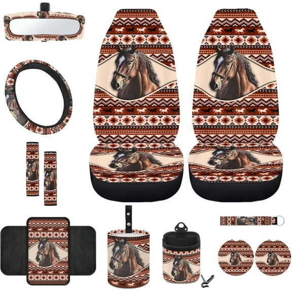 Yuyamidu Southwest Aztec Horse Car Seat Cover Set 12 PCS Auto Bucket Seat Covers Steering Wheel Cover Seat Belt Pad Armrest Cover Garbage Bin Air Vent Pocket Rearview Mirror Cover Coaster Keychain