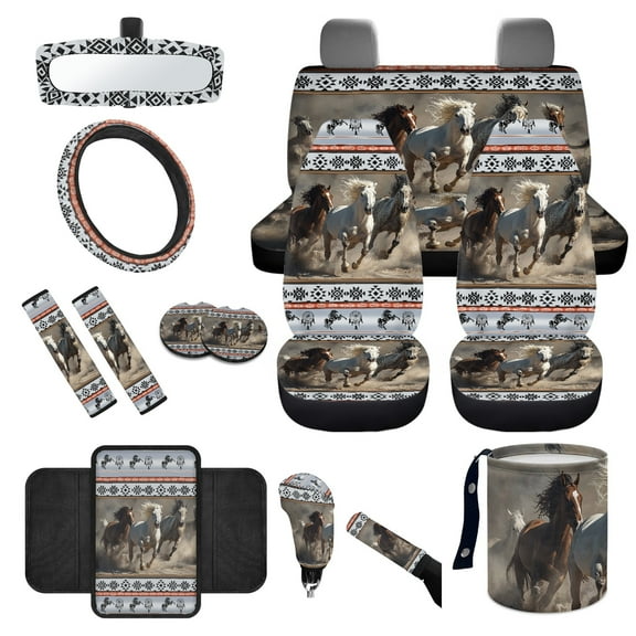 Yuyamidu Southwest Aztec Horse Car Seat Cover Set with Steering Wheel Cover Seat Belt Covers Trash Bin Rear View Mirror Cover Armrest Cushion Pad Coasters Gear Shift Cover Handbrake Cover, 14 Pack