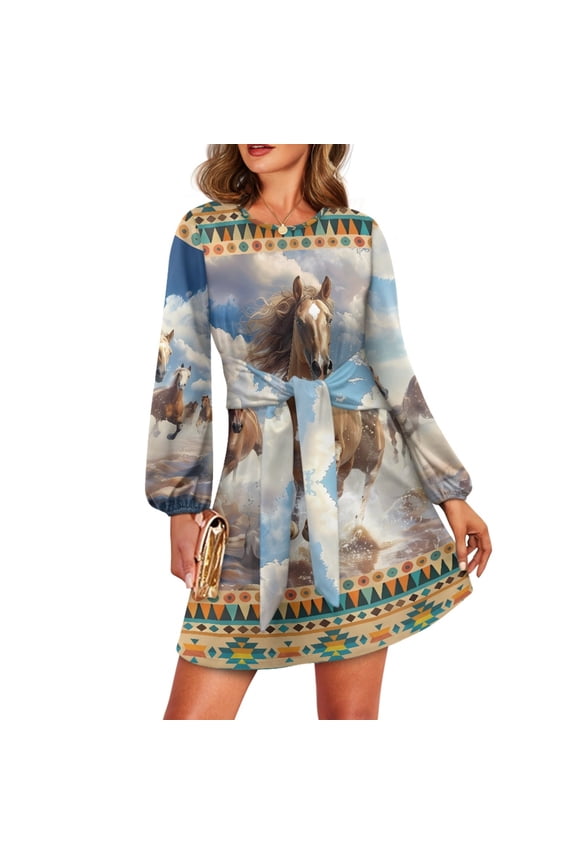 Southwest Aztec Horse Front Tie Dress for Women Novelty Fall Ladies Dresses Elastic Waist Swing Dresses Size XL Fashion Knee Length Formal Dress Womens Lantern Sleeve A Line Dress