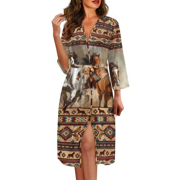 Yuyamidu Southwest Aztec Horse Long Bathrobe for Women Soft Robe Sleepwear Brown V-Neck Spa Robes Size 2XL Trendy Mid-Length Kimono Robes Polyester Long Sleeves Loungewear Dress