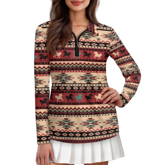 Yuyamidu Southwest Aztec Horse Long Sleeve Golf Shirt for Women Red Tennis Tops Running Shirt with Collar Sports Athletic T-Shirt Shirts Size S