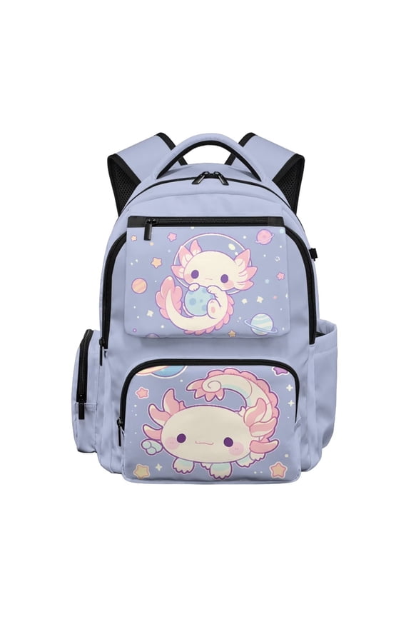 Space Axolotl Backpack for School Girls 6-10, 17 Inch Lightweight Multi-Pocket Bookbag with Padded Shoulder Straps for Elementary 1st-4th Grade, Back to School Supplies