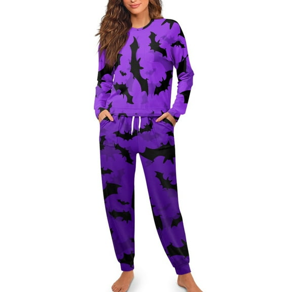 Yuyamidu Spooky Bat Long Sleeve Pajama Pants Set for Women 2 Pcs Purple Jogger Yoga Pjs Novelty Halloween Crewneck Sleepwear Size L Daily Wear Clothes for Fall Winter
