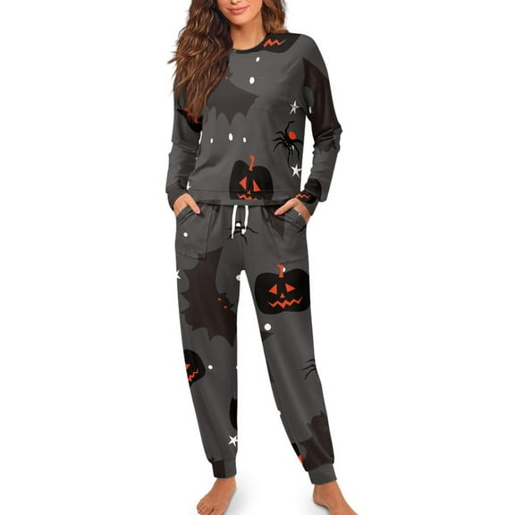 Yuyamidu Spooky Pumpkins Women Nightwear Set of 2 Adult's Black Clothing Pj Size S Women's Long Sleeve Nightwear Halloween Scoop Neck Sleepwear with Pockets, Gray