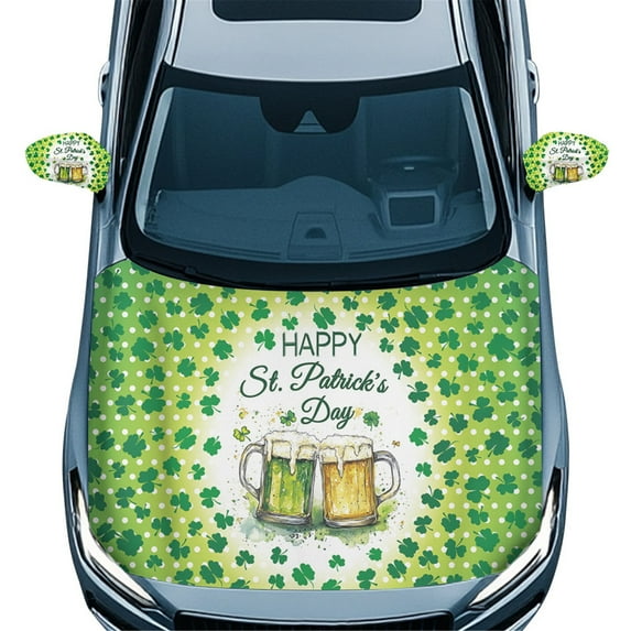 Yuyamidu St. Patrick's Day Car Front Hood Cover Wrap Beer Hood Covers for Cars Sedans Green Leaf Vehicle Rear View Mirror Protector Auto Side View Mirror Cover, 3 PCS