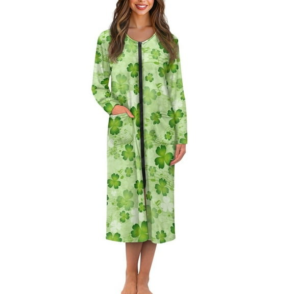 Yuyamidu St. Patrick's Day Robes for Women Sexy Plus Size 3XL Music Note Mid-Calf Length Bathrobe Casual Crewneck House Kimono Robe Green Leaf Long Sleeve Nightgown with Pockets