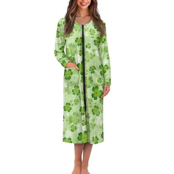Yuyamidu St. Patrick's Day Robes for Women Sexy Plus Size M Music Note Mid-Calf Length Bathrobe Casual Crewneck House Kimono Robe Green Leaf Long Sleeve Nightgown with Pockets