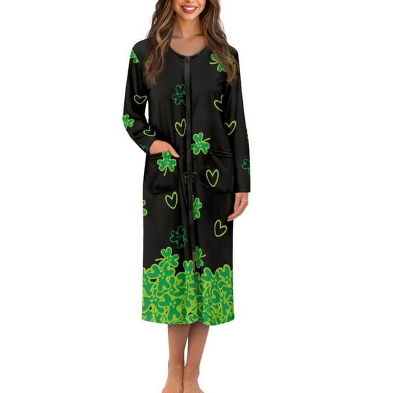 Yuyamidu St. Patrick's Day Women Long Sleeve Zipper Bathrobes Ladies Robe Sleepwear Green Leaf Long Spa Robes Size L Lightweight Mid-Calf Length Nightgown with Pockets