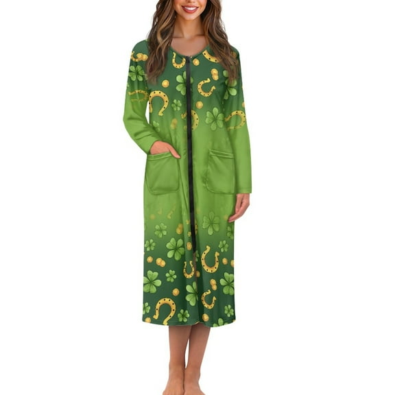 Yuyamidu St. Patrick's Day Womens Bathrobe Zipper Front Long Sleeve Robe Green Leaf Long Night Gowns for Women Sleepwear Lightweight Bathrobes Loose Dresses, Robe, Gowns Size 2XL
