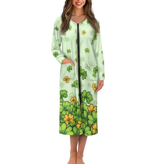 Yuyamidu St. Patrick's Day Womens Robes Green Leaf Long Nightgown Fashion Zipper Front Bathrobe for Women Casual Long Sleeves Robe Sleepwear Size 3XL Soft Dressing Gown with Pockets