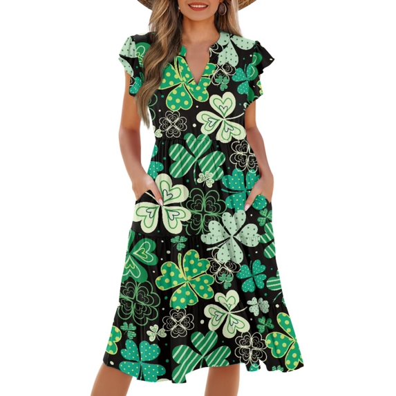 Yuyamidu St Patricks Day Dress Women Ruffle Dress Elegant V Neck Flutter Sleeves Empire Waist Pleated Smocked Flowy Wedding Guest Dresses Leaves, Size XL