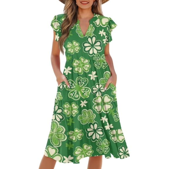 Yuyamidu St Patricks Day Dress Womens Dresses Ruffle Sleeve V Neck Womens Hawaiian Dresses Flowy Swing A Line Tiered Dress Green Leaves, Size XL