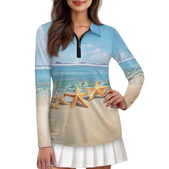 Yuyamidu Starfish Long Sleeve Golf Shirts for Woman Beach Athletic Tennis Shirts Stylish Quarter Zip Workout Shirts Golf Clothes Size XL