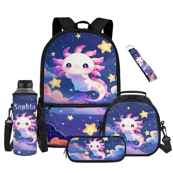 Yuyamidu Starry Sky Axolotl Backpack for 2nd-3rd Grade Girls Ages 6-8, 17 Inch Kids School Backpack with Lunch Box, Pencil Case, Water Bottle Pouch & Keychain Set of 5, Back to School