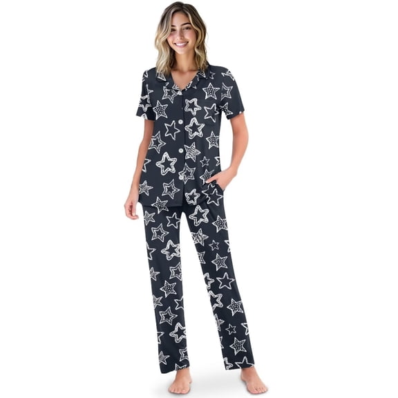 Yuyamidu Stars Printed Button Up Pajamas Set for Women Short Sleeve Lounge Sets Casual Soft V-Neck Nightwear with Pants, Blue