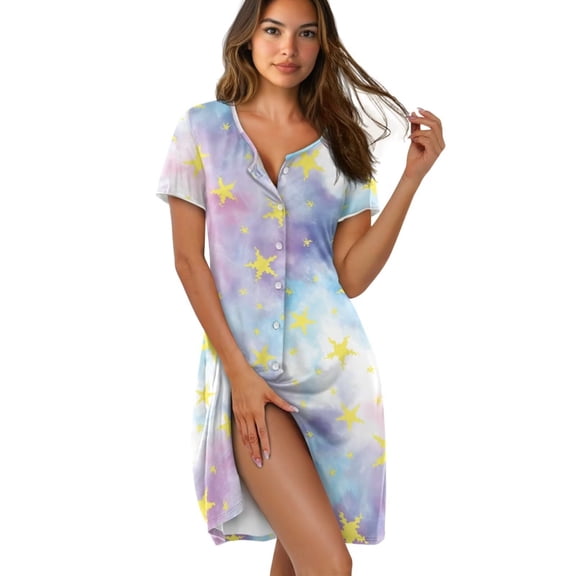 Yuyamidu Stars Tie Dye Women Button Nightgowns Short Sleeve Pajama Dress Soft Nightgowns Crew Neck Night Shirt Soft Comfy Sleepwear