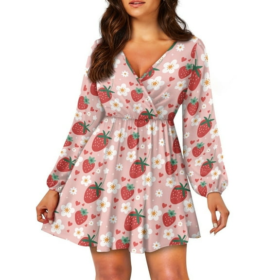 Yuyamidu Strawberry A-Line Midi Dress Flower High Waistline Pleated Dress Size 2XL Casual Women V Neck Elegant Dress for Fall Winter Spring Homecoming Dresses, Pink