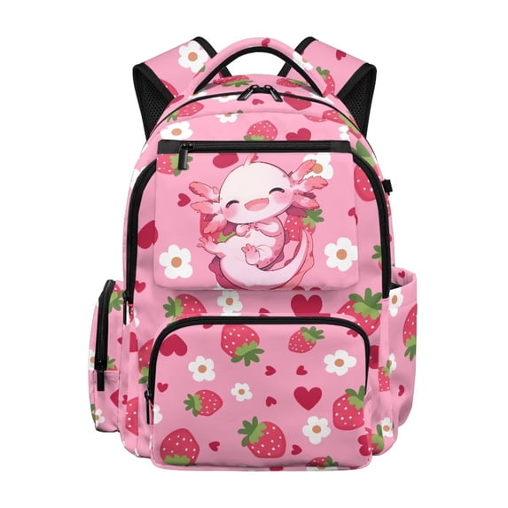 Yuyamidu Strawberry Axolotl Backpack for Girls 6-10 Elementary School 2nd-4th Grade Cute Lightweight Multiple Compartments Bookbag with Padded Shoulder Straps Back to School Gifts