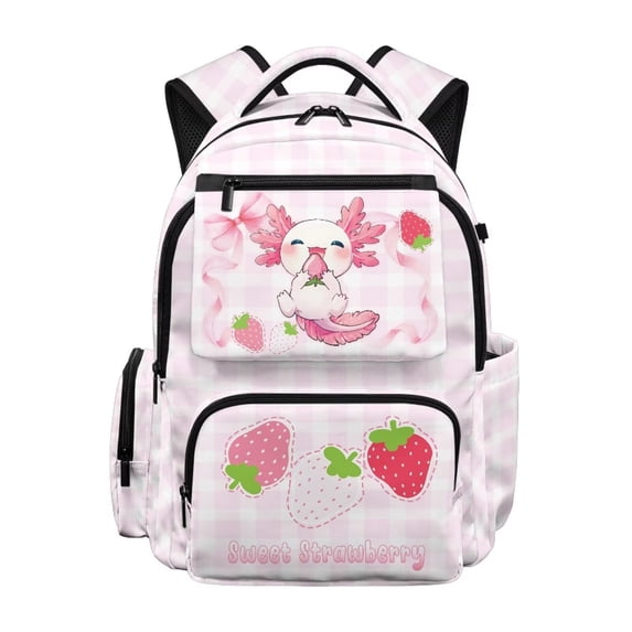 Yuyamidu Strawberry Axolotl Backpack for Girls 8-12 17 Inch Lightweight Multi Pocket School Bag with Padded Adjustable Straps Perfect for Elementary 3rd-6th Grade Back to School