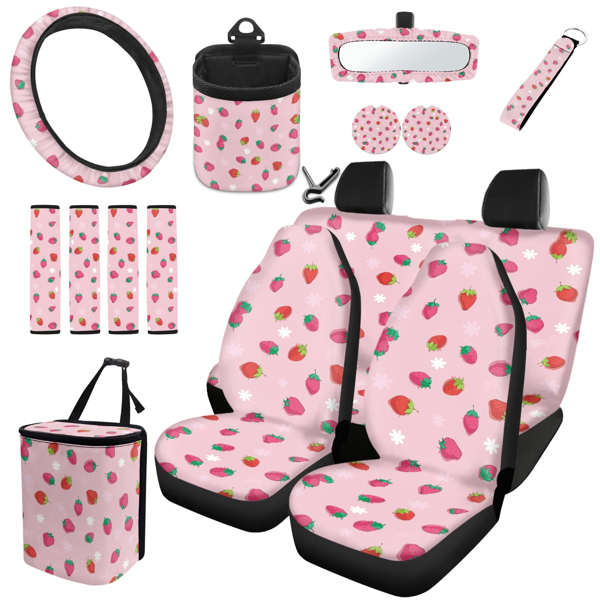 Yuyamidu Strawberry Car Seat Cover for Women Girls Pink Steering Wheel Cover Seat Belt Strap Pad Trash Bag Hanging Storage Bag Rearview Mirror Accessory Cup Holder Key Chain 15 Pieces