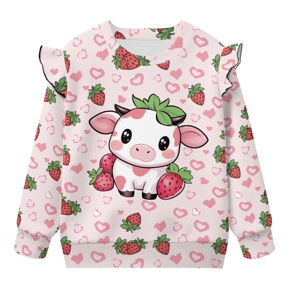 Yuyamidu Strawberry Cow Girls Sweatshirt Graphic Y2K Soft Long Sleeve Ruffle Shoulder Tops Pink Crewneck Sweatshirts Casual Fall Clothes Lightweight Workout School Outfits 4T-5T