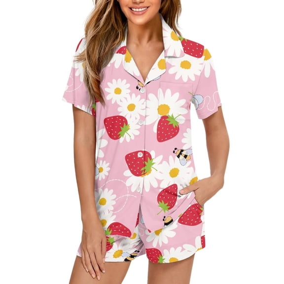 Yuyamidu Strawberry Daisy Print Women's Pajama Sets Pjs Set Women Lounge Sleepwear Night Suit Clothing Short Sleeves Button Up Top Shorts Bottom for Spring Summer Fall Winter Size S