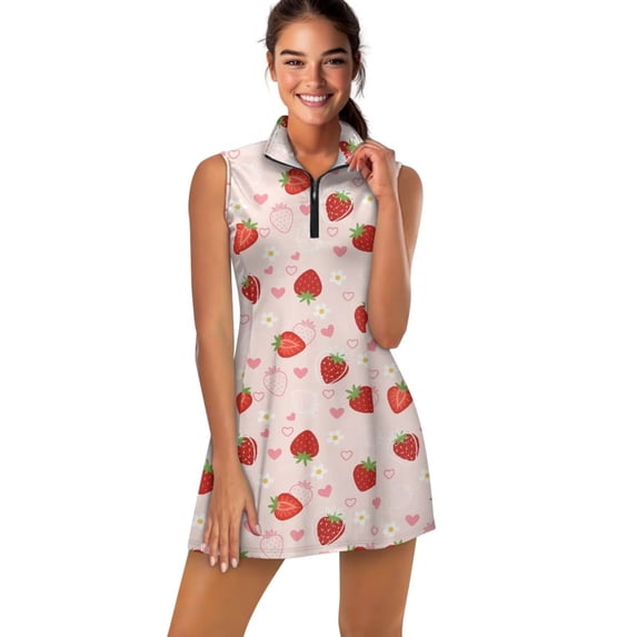 Yuyamidu Strawberry Daisy Tennis Golf Dress for Women Size S Moisture-Wicking Workout Golf Dresses with Shorts and Inner Pocket Anti Wrinkle Tennis Dress for Women