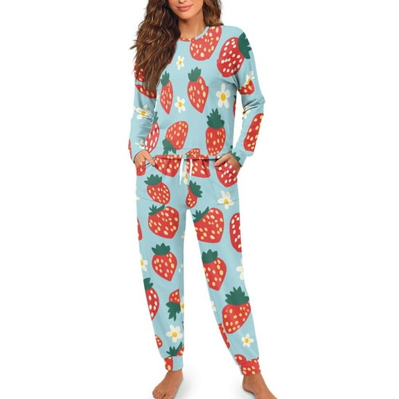 Yuyamidu Strawberry Pajamas Set for Women 2 Piece Flower Long Sleeve Sleepwear Top and Pants with Pockets Soft Relaxed Pajama Sports Outfits for Walking Jogger Yoga Size M