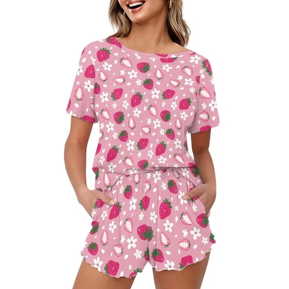 Yuyamidu Strawberry Print Pajama Set for Women Two Piece Sleepwear Cute Printed Short Sleeve Tops & High-Waist Shorts 2 Piece