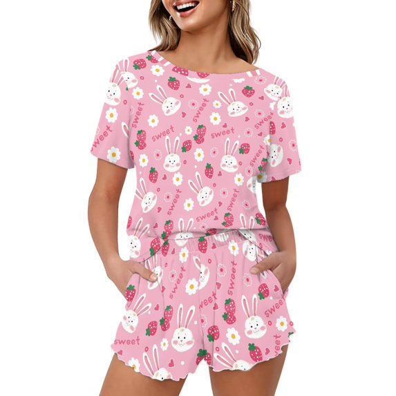 Yuyamidu Strawberry Rabbit Women's Sleep Set Pink Shorts & Short Sleeve PJ Set Cozy Nightwear Summer Breathable Lounge Outfit