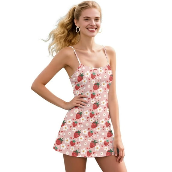 Yuyamidu Strawberry Tennis Dress Built in Shorts Flowers Spaghetti Straps Tennis Dresses Stretchy Womens Golf Outfit Pink Sleeveless Cross Back Dress Size S