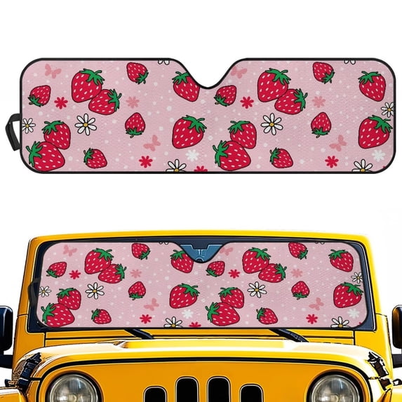 Yuyamidu Strawberry Windshield Sun Shade, Cute Pink Shade Heat Shield Compatible with JK JKU TJ 2 Door / 4 Door 52.95 x 16.14 in