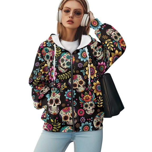 Yuyamidu Sugar Skull Hoodie Zip Up Hoodie Women Sweatshirt with Pockets Oversized Sweatshirt Plus Size Womens Lightweight Jackets Trendy Clothes for Women 2025