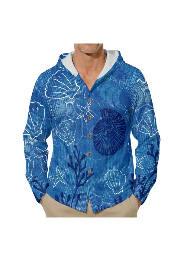 Summer Hooded Shirt for Men Linen Cotton Tee Comfortable Breathable Hawaiian Beach Shirts Ocean Print Tops, Ocean Shell, Size L