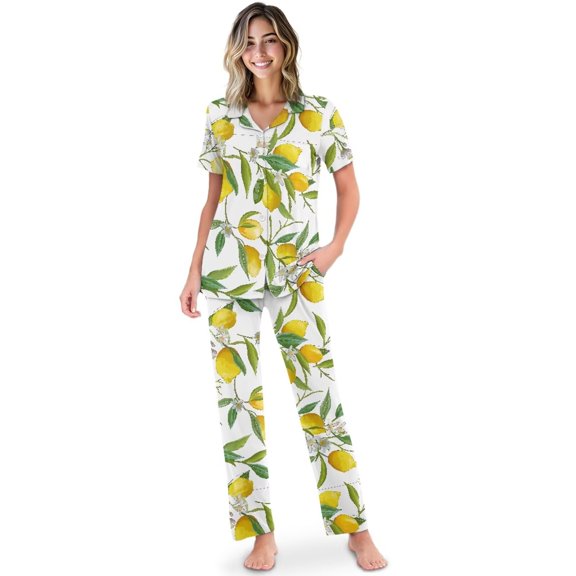 Yuyamidu Summer Lemon Pajama Set for Women 2 Piece Soft Lightweight Sleepwear Short Sleeve Top with Long Pants PJ Set